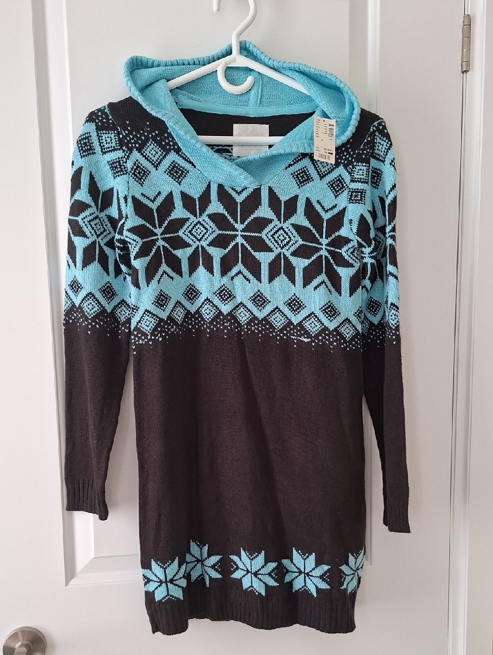 Justice Aqua and Black Hooded Fair Isle Sweater Dress size 16 NEW